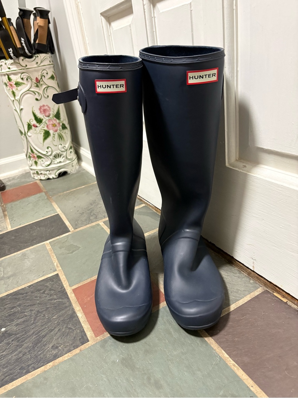 New Hunter Navy Tall Rubber Rain Boots with Logo